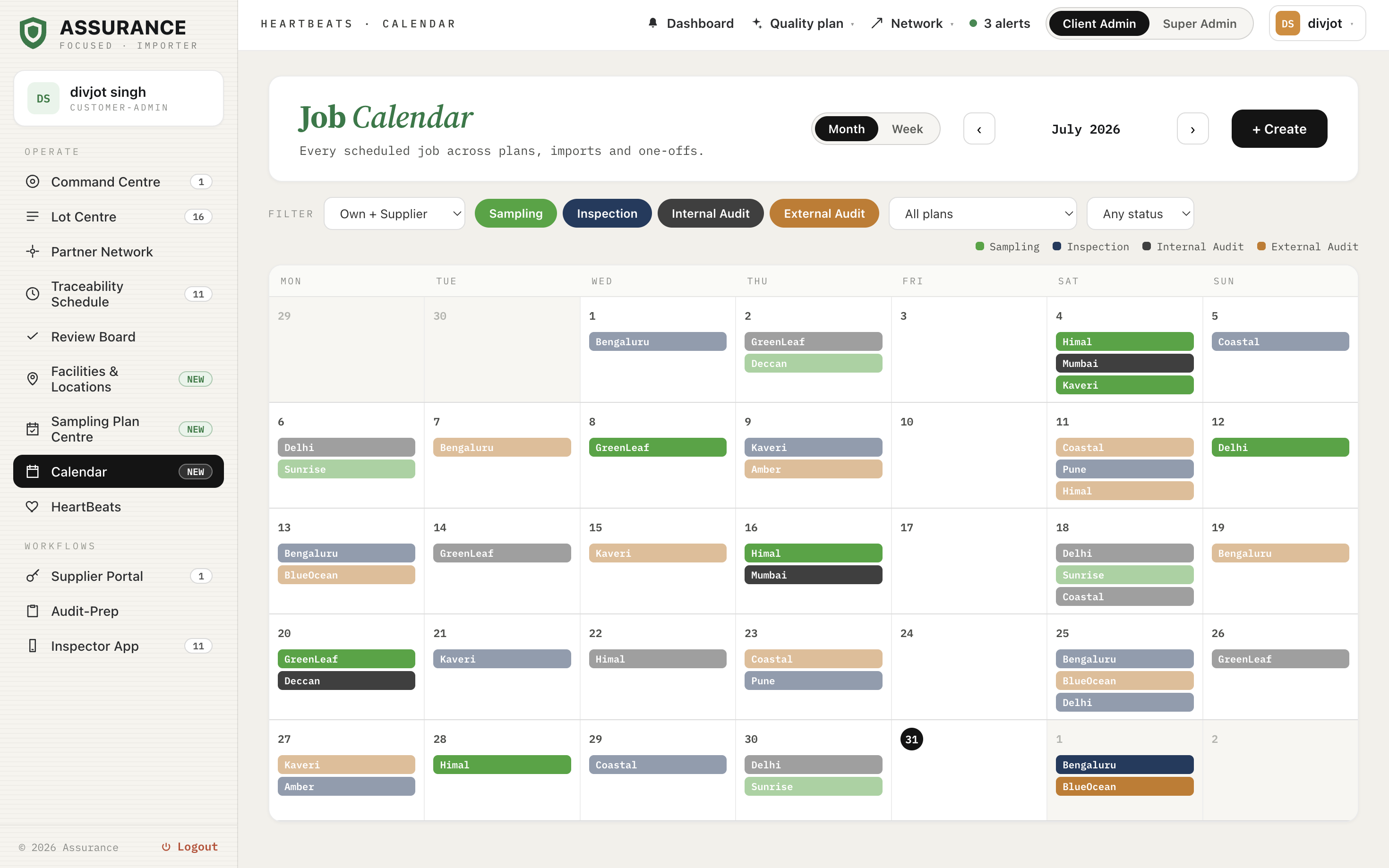 Monthly job calendar with sampling, inspection, internal audit and external audit activities colour-coded across facilities.